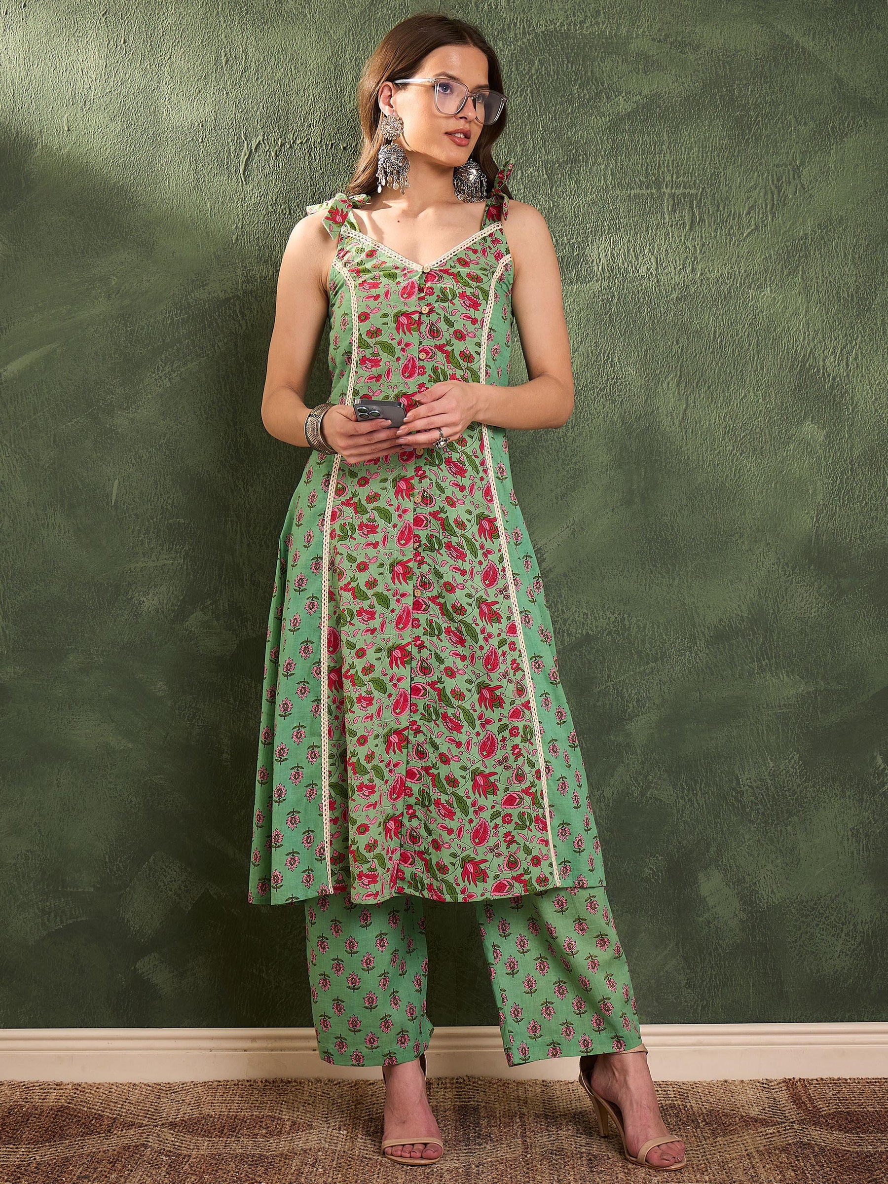 Green & Pink Floral Front Button Slit Kurta With Pants -Shae by SASSAFRAS