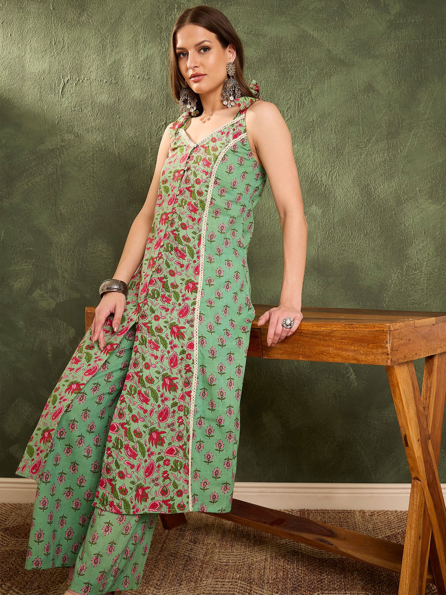 Green & Pink Floral Front Button Slit Kurta With Pants -Shae by SASSAFRAS