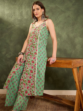 Green & Pink Floral Front Button Slit Kurta With Pants -Shae by SASSAFRAS