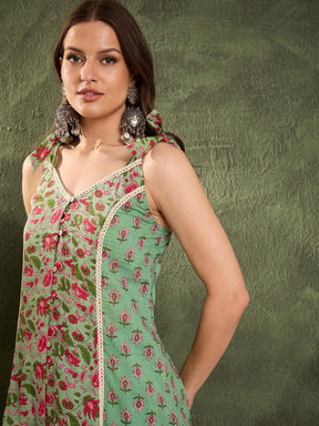 Green & Pink Floral Front Button Slit Kurta With Pants -Shae by SASSAFRAS