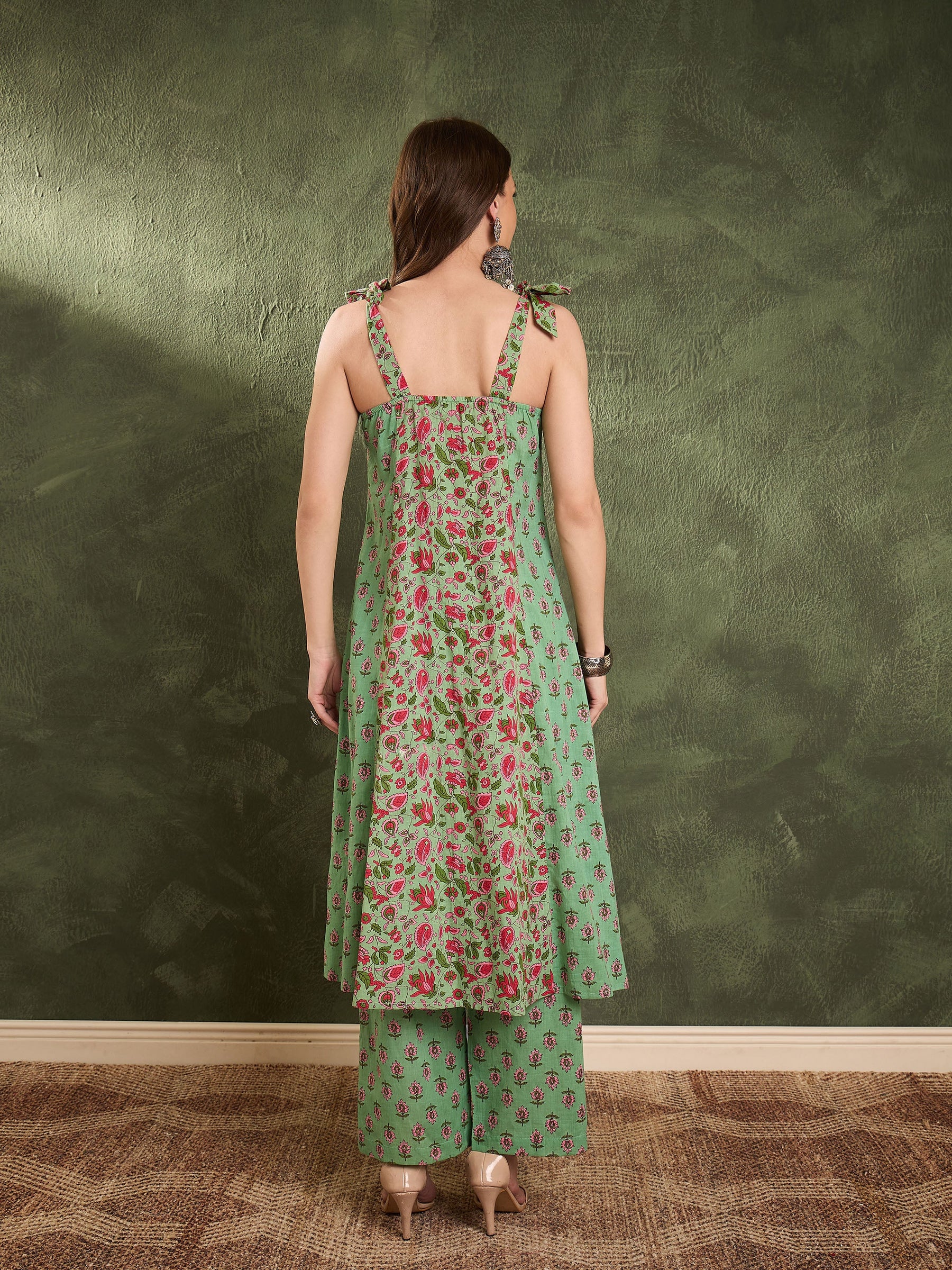 Green & Pink Floral Front Button Slit Kurta With Pants -Shae by SASSAFRAS