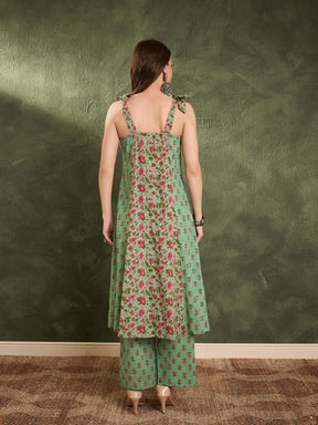 Green & Pink Floral Front Button Slit Kurta With Pants -Shae by SASSAFRAS
