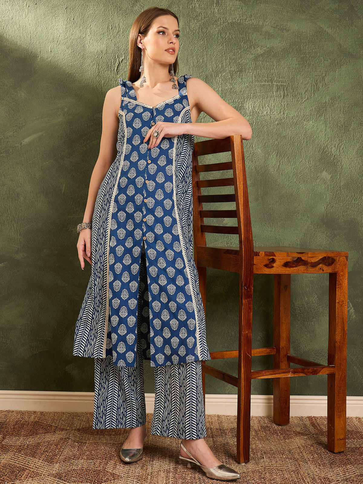 Blue Floral Front Button Slit Kurta With Pants -Shae by SASSAFRAS