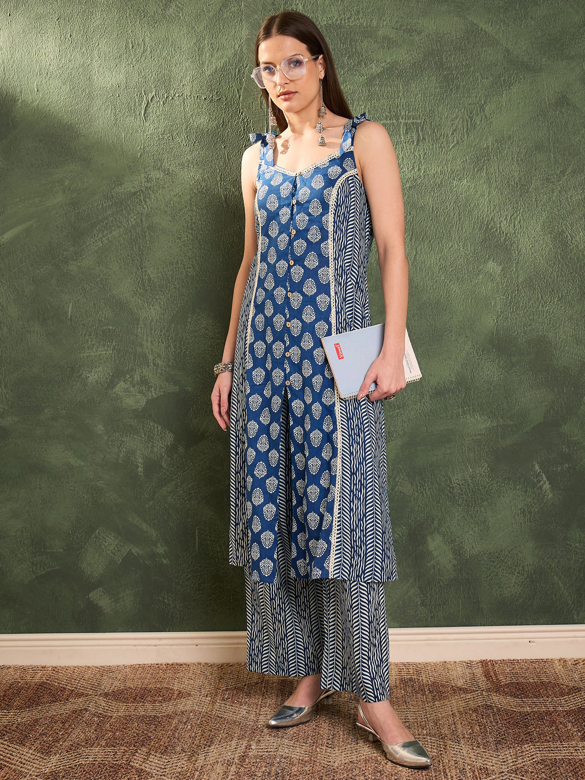 Blue Floral Front Button Slit Kurta With Pants -Shae by SASSAFRAS