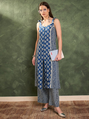 Blue Floral Front Button Slit Kurta With Pants -Shae by SASSAFRAS