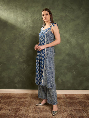 Blue Floral Front Button Slit Kurta With Pants -Shae by SASSAFRAS