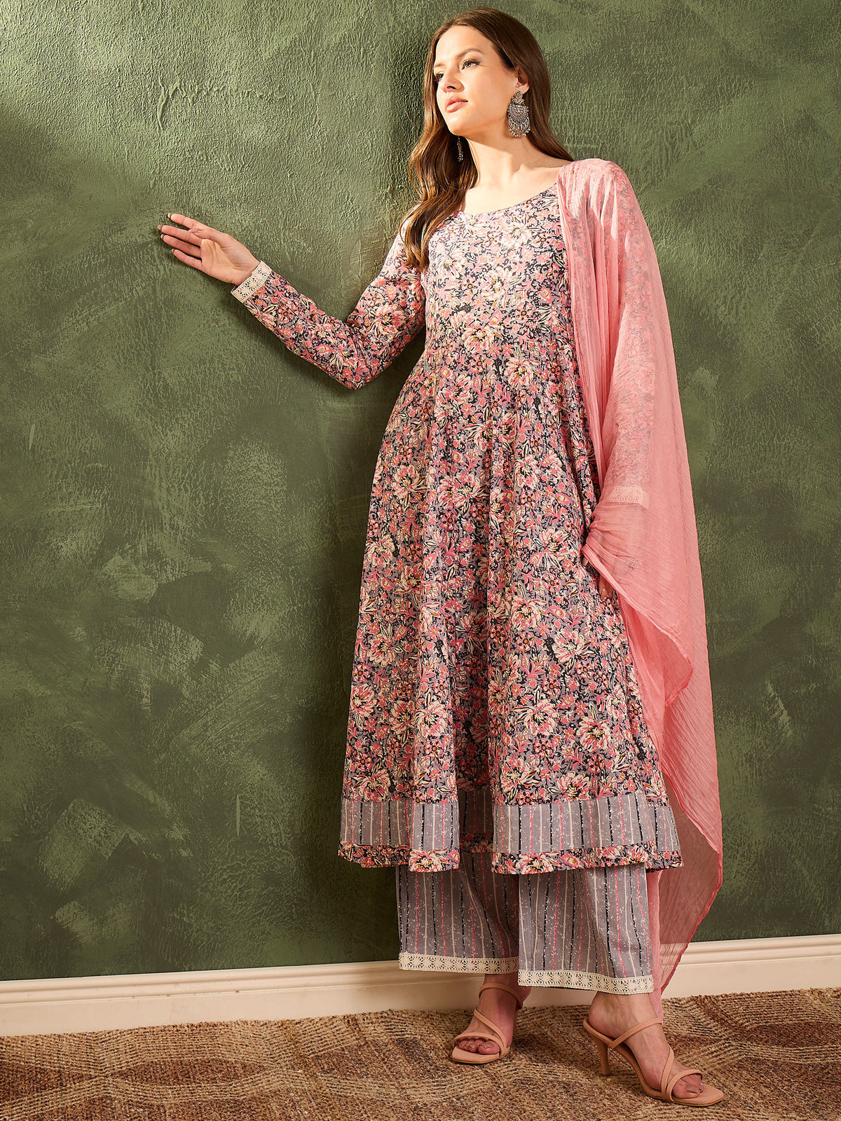 Pink & Grey Floral Anarkali Kurta Set with Dupatta-Shae by SASSAFRAS