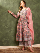 Pink & Grey Floral Anarkali Kurta Set with Dupatta-Shae by SASSAFRAS