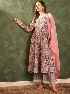 Pink & Grey Floral Anarkali Kurta Set with Dupatta-Shae by SASSAFRAS