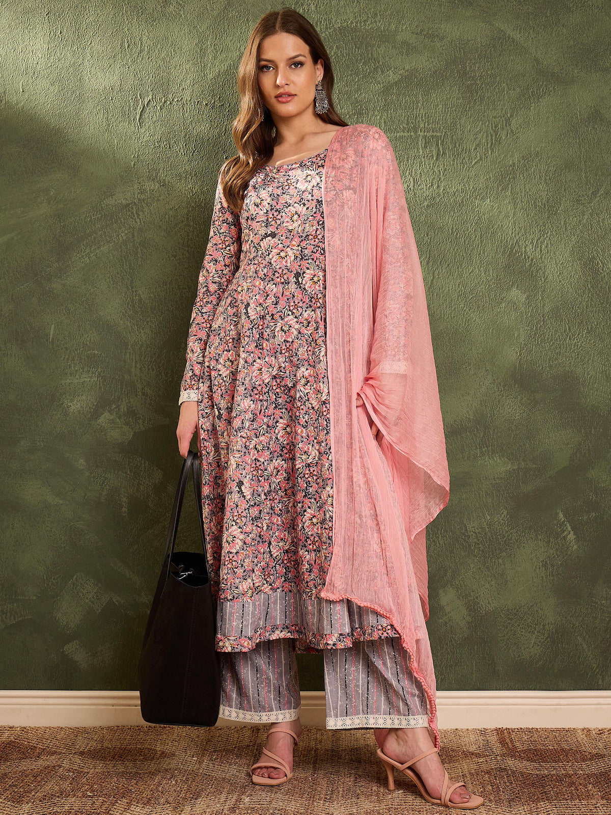Pink & Grey Floral Anarkali Kurta Set with Dupatta-Shae by SASSAFRAS