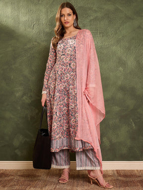 Pink & Grey Floral Anarkali Kurta Set with Dupatta-Shae by SASSAFRAS