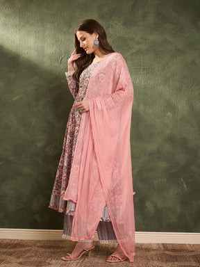 Pink & Grey Floral Anarkali Kurta Set with Dupatta-Shae by SASSAFRAS