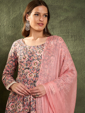 Pink & Grey Floral Anarkali Kurta Set with Dupatta-Shae by SASSAFRAS