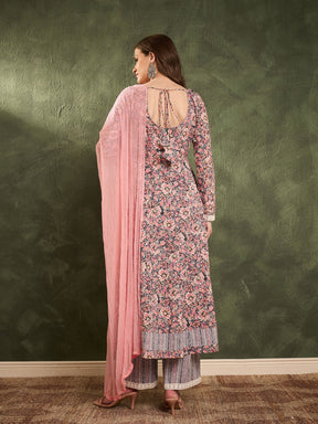 Pink & Grey Floral Anarkali Kurta Set with Dupatta-Shae by SASSAFRAS