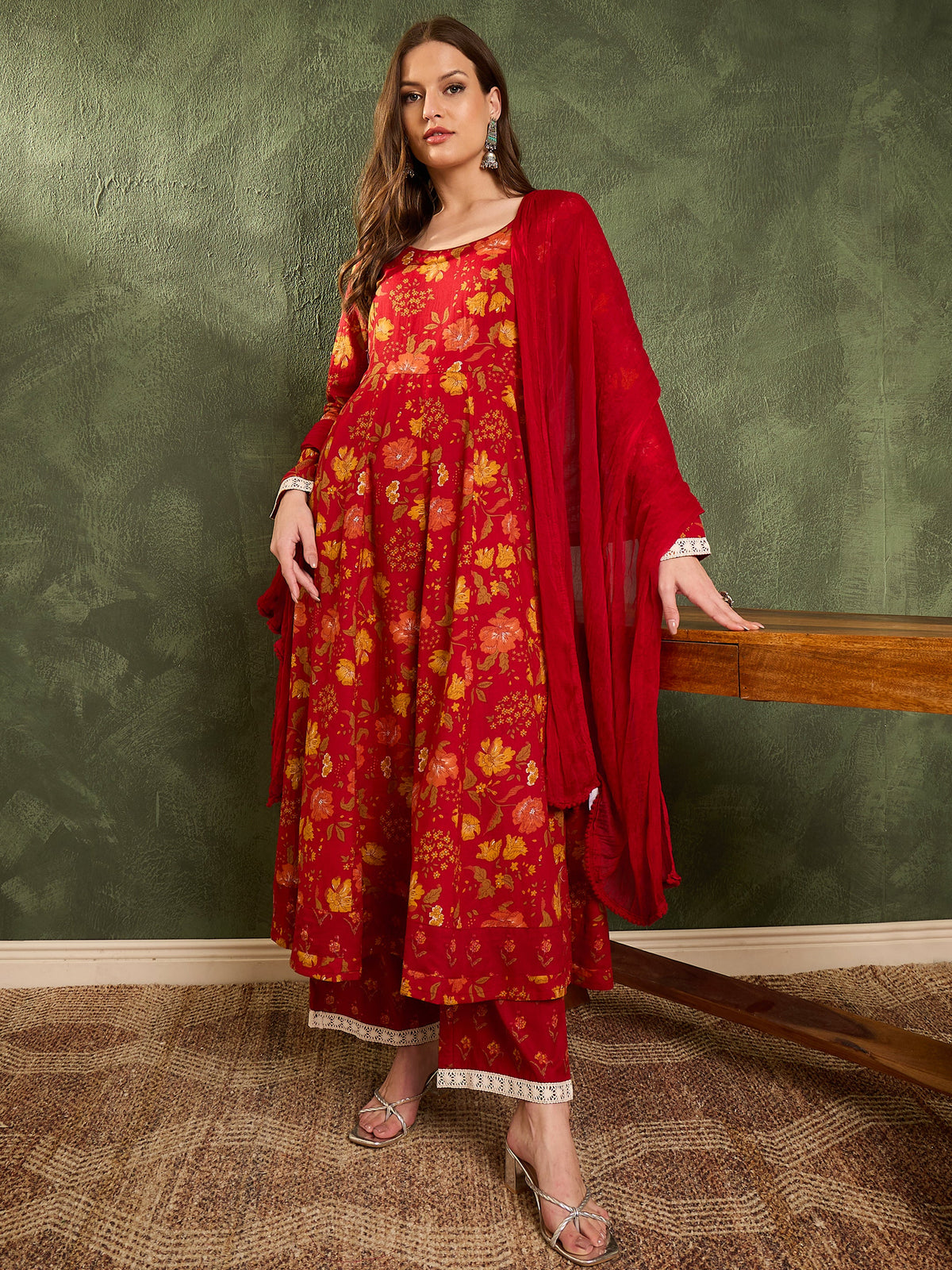 Maroon & Yellow Floral Anarkali Kurta Set with Dupatta-Shae by SASSAFRAS