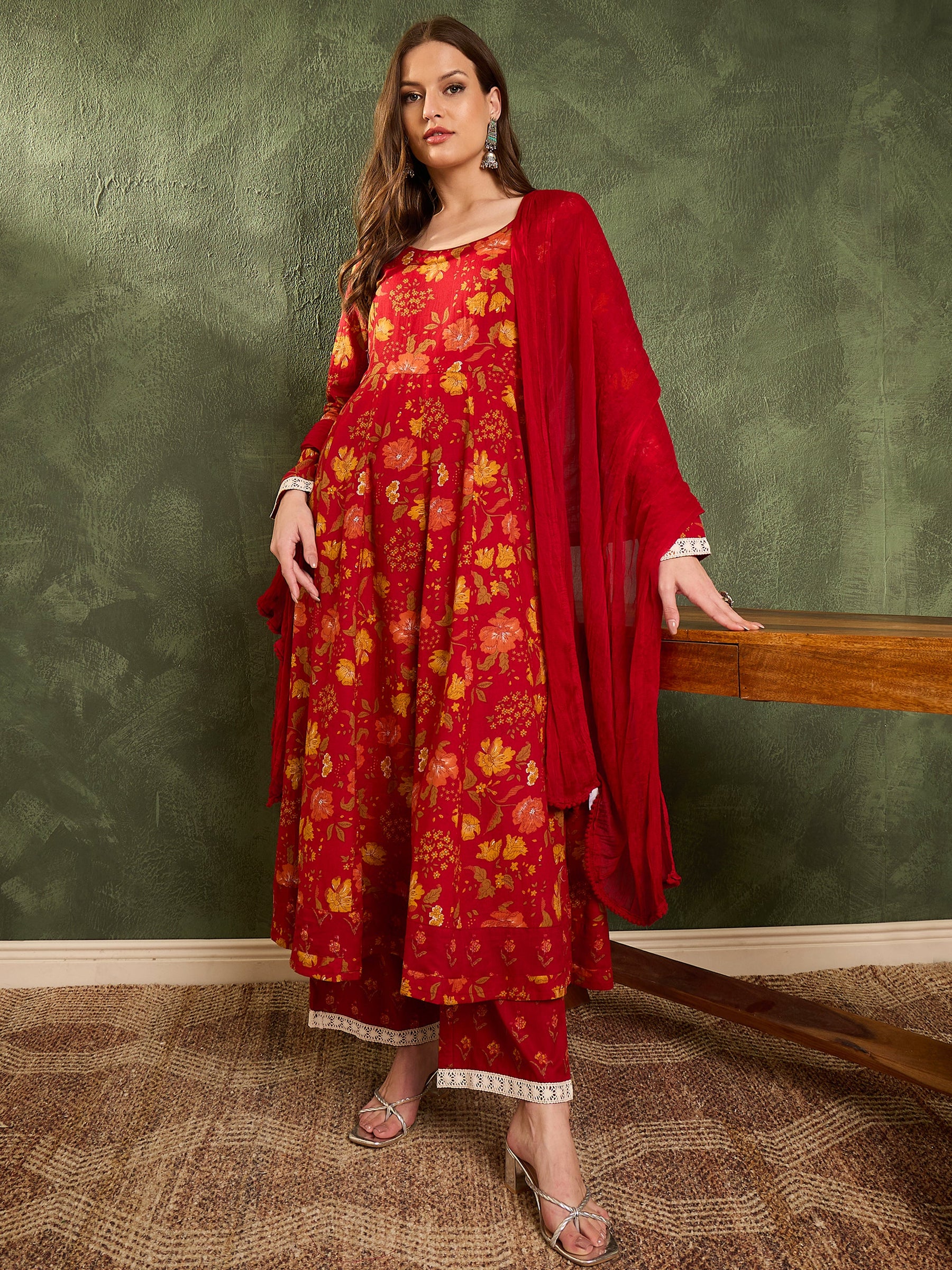Maroon & Yellow Floral Anarkali Kurta Set with Dupatta-Shae by SASSAFRAS