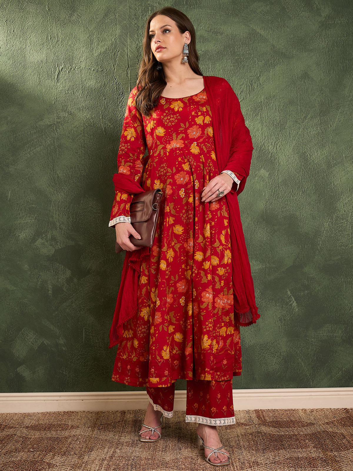 Maroon & Yellow Floral Anarkali Kurta Set with Dupatta-Shae by SASSAFRAS
