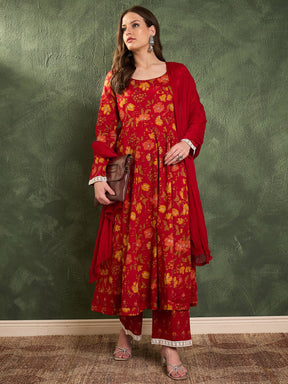 Maroon & Yellow Floral Anarkali Kurta Set with Dupatta-Shae by SASSAFRAS