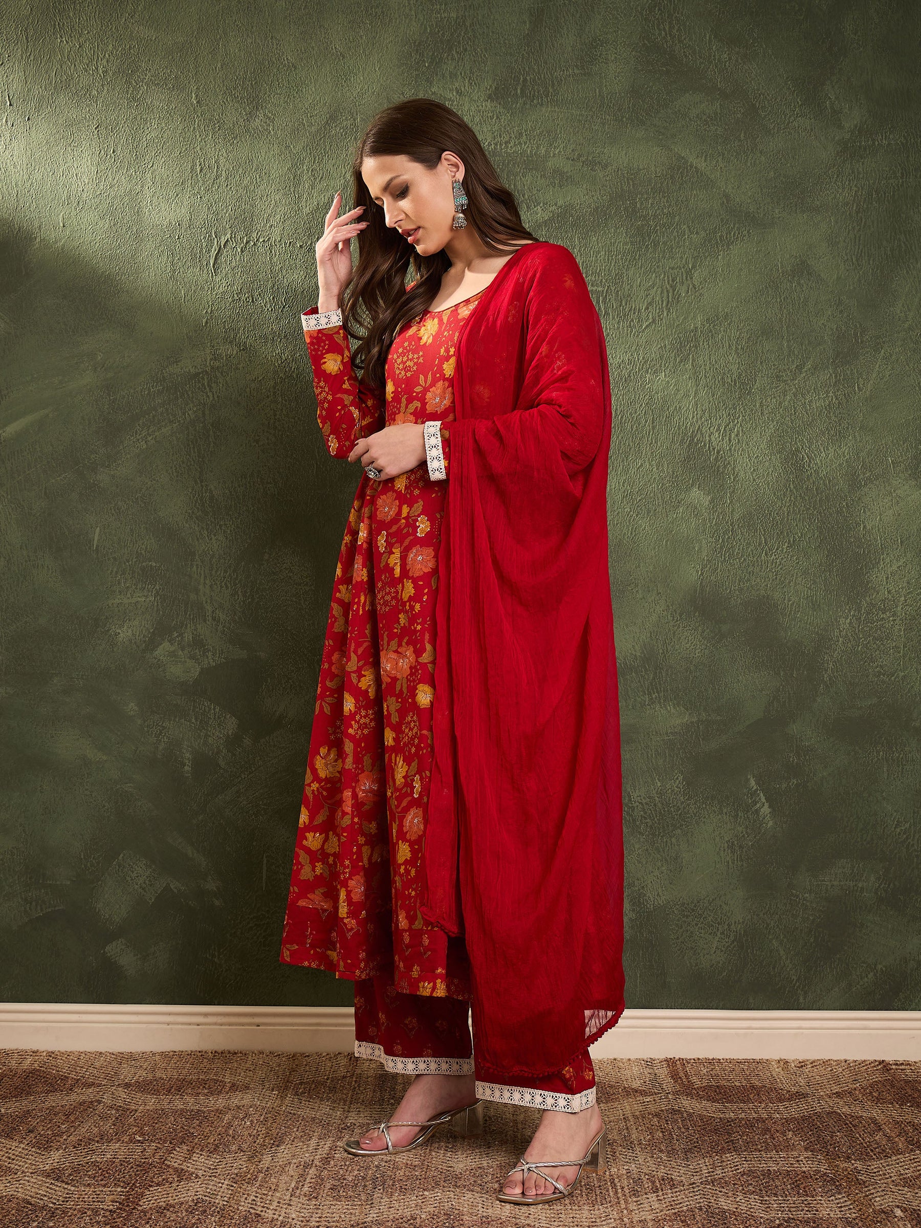 Maroon & Yellow Floral Anarkali Kurta Set with Dupatta-Shae by SASSAFRAS