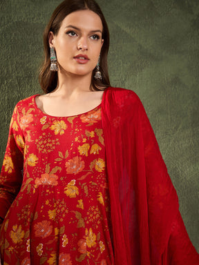 Maroon & Yellow Floral Anarkali Kurta Set with Dupatta-Shae by SASSAFRAS