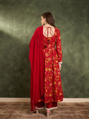 Maroon & Yellow Floral Anarkali Kurta Set with Dupatta-Shae by SASSAFRAS