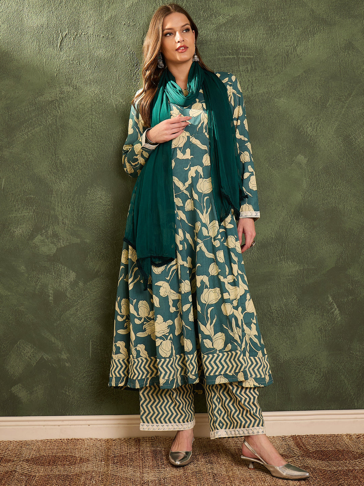 Sea Green & Beige Floral Anarkali kurta Set with Dupatta-Shae by SASSAFRAS