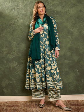 Sea Green & Beige Floral Anarkali kurta Set with Dupatta-Shae by SASSAFRAS