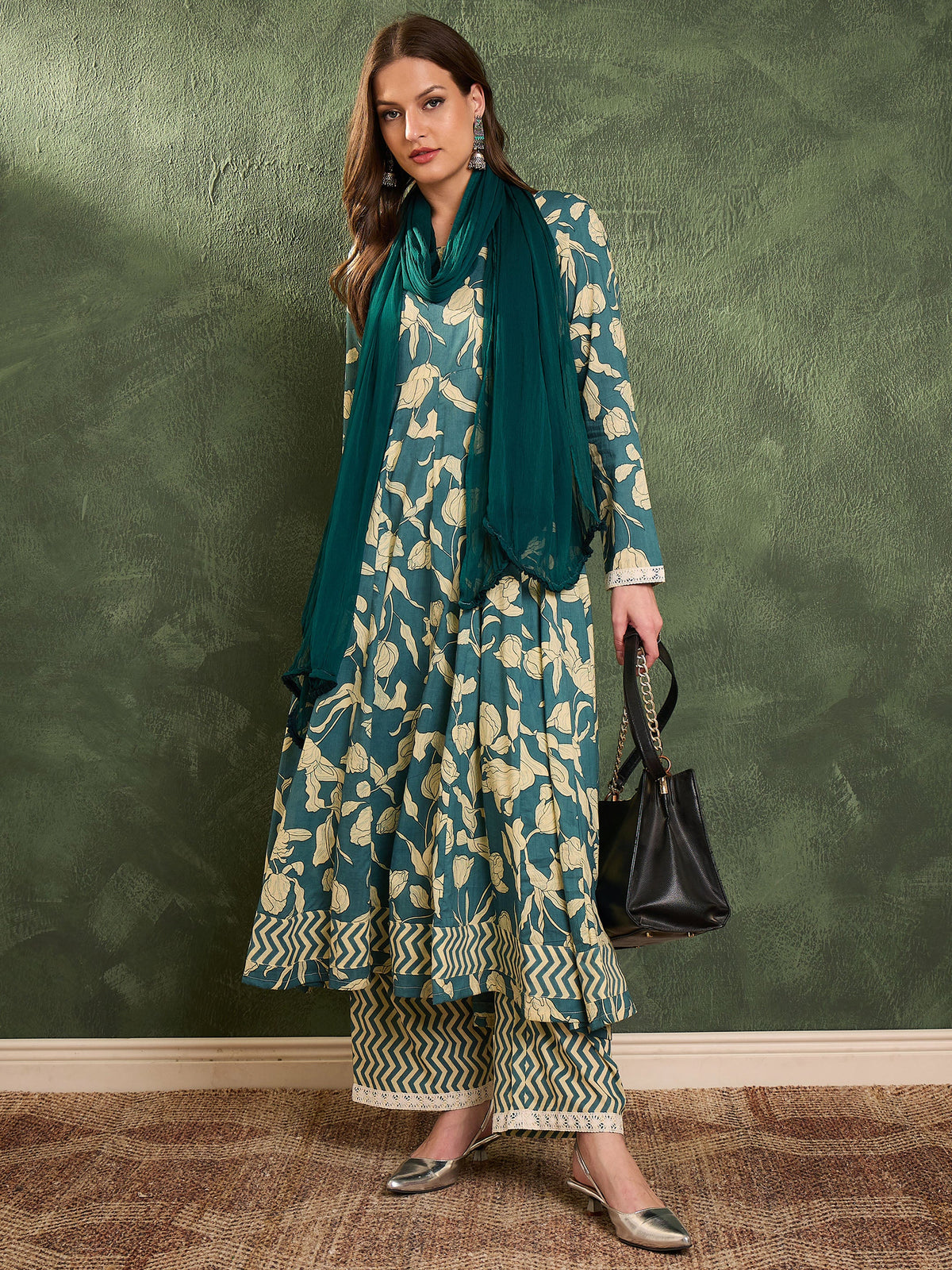 Sea Green & Beige Floral Anarkali kurta Set with Dupatta-Shae by SASSAFRAS