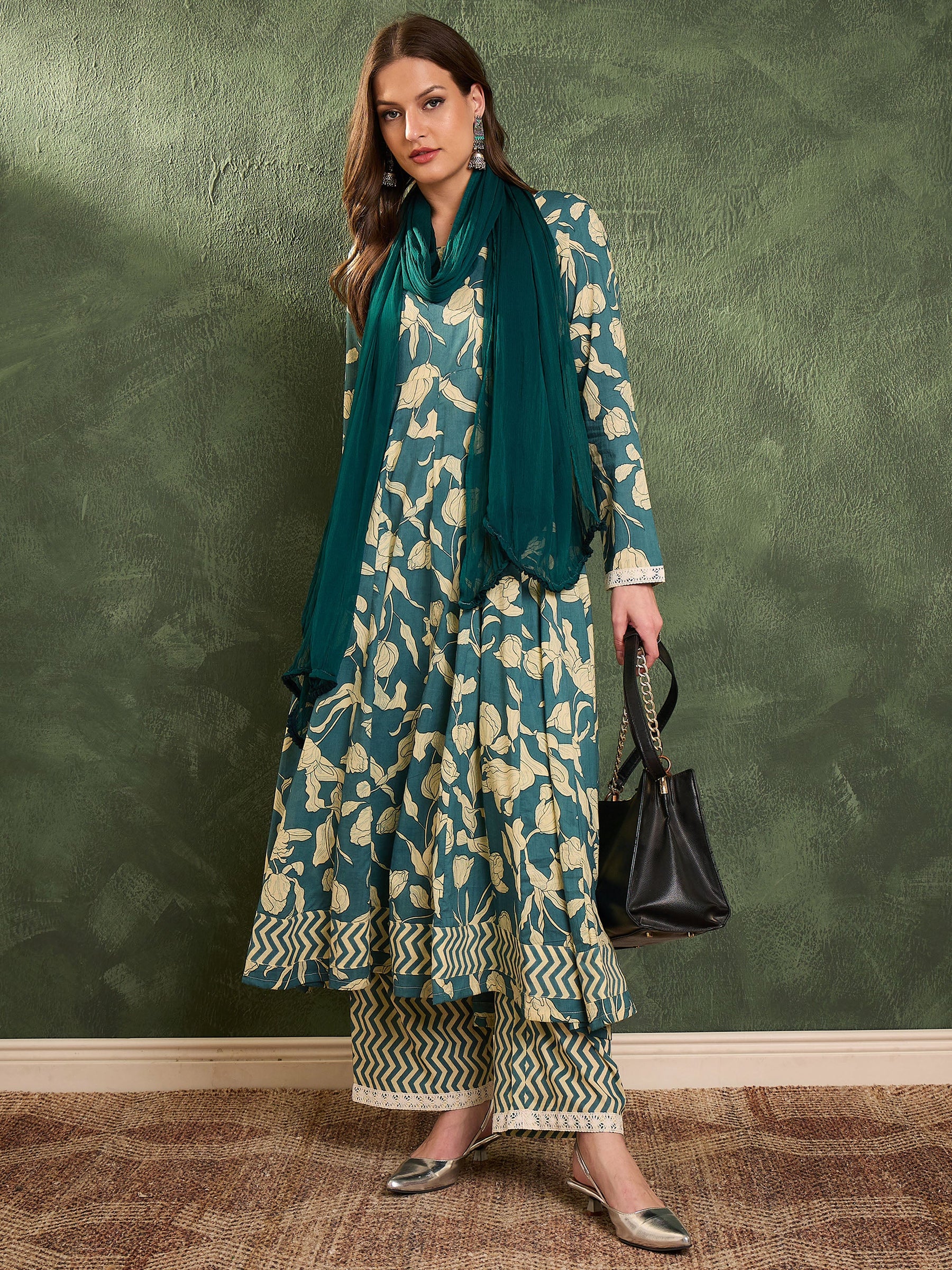 Sea Green & Beige Floral Anarkali kurta Set with Dupatta-Shae by SASSAFRAS