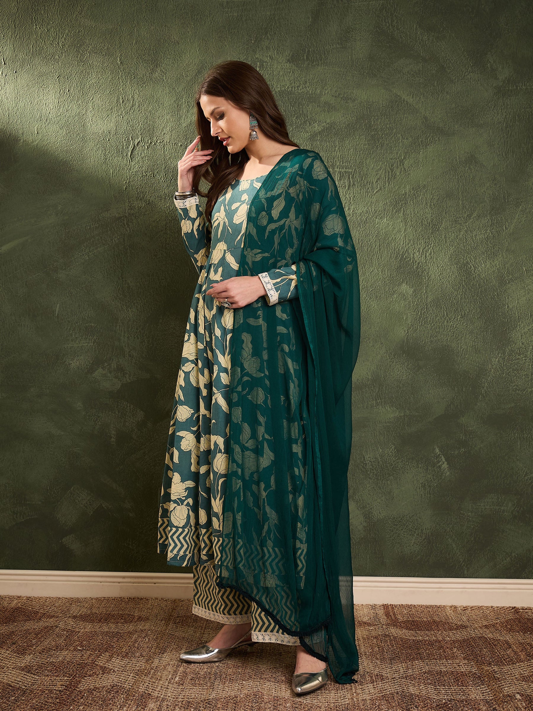 Sea Green & Beige Floral Anarkali kurta Set with Dupatta-Shae by SASSAFRAS