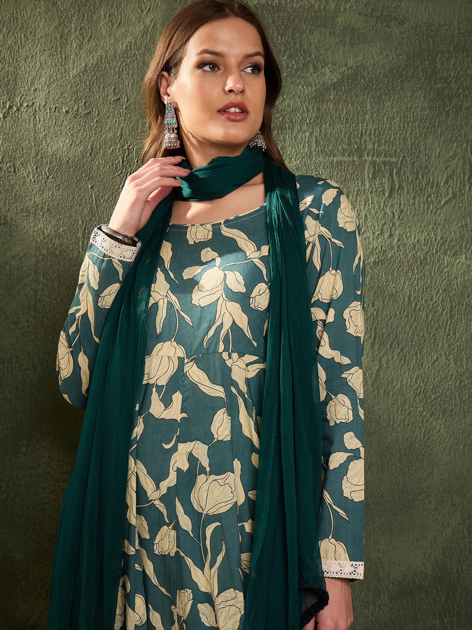 Sea Green & Beige Floral Anarkali kurta Set with Dupatta-Shae by SASSAFRAS