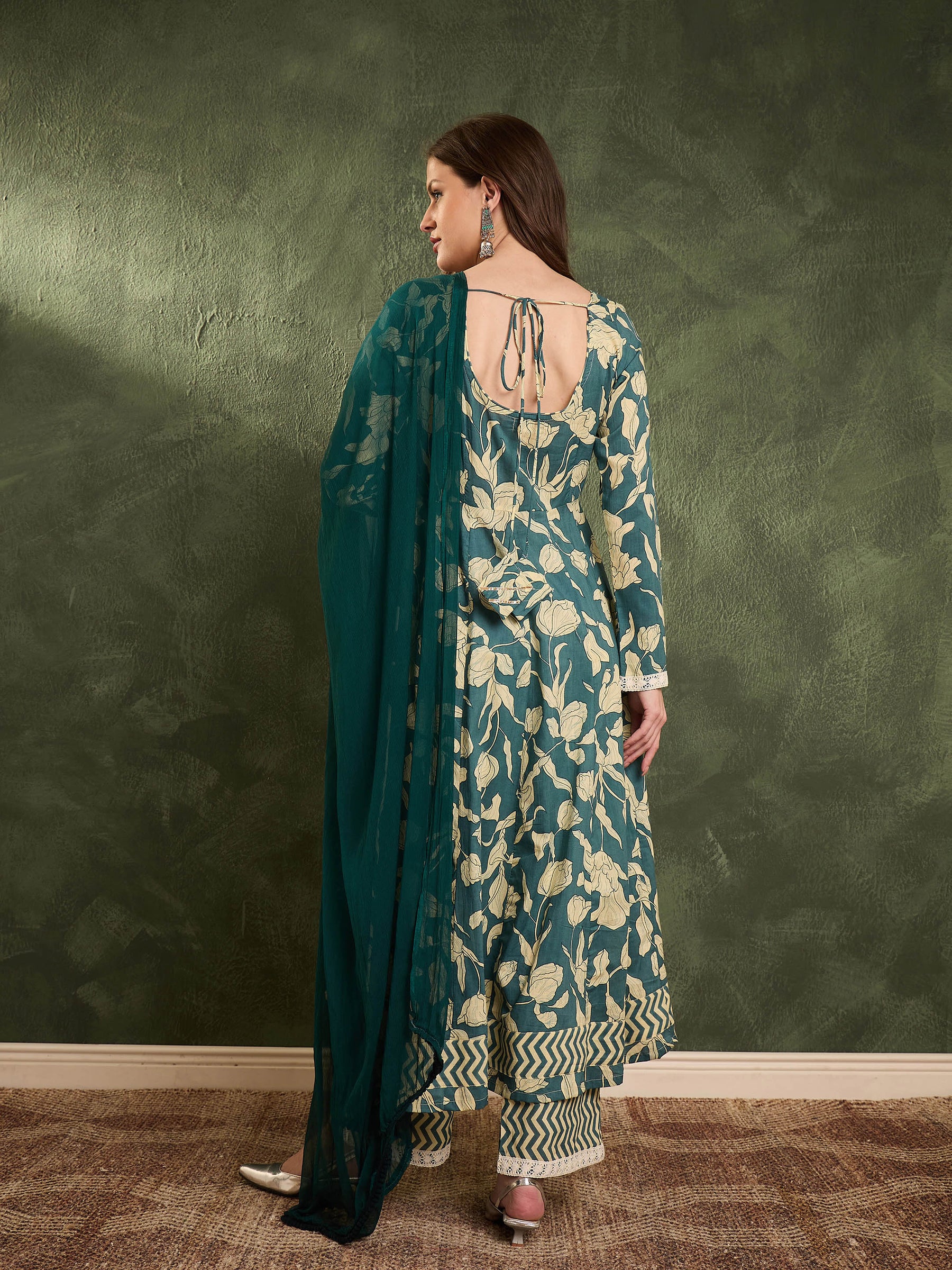 Sea Green & Beige Floral Anarkali kurta Set with Dupatta-Shae by SASSAFRAS