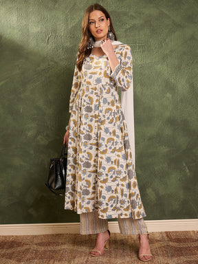 Off White Floral Anarkali Kurta Set with Dupatta-Shae by SASSAFRAS