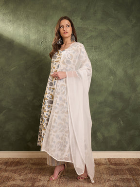 Off White Floral Anarkali Kurta Set with Dupatta-Shae by SASSAFRAS