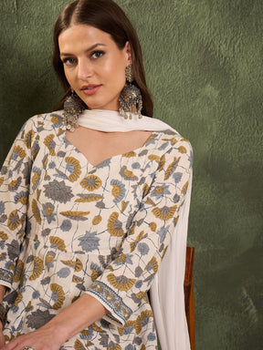 Off White Floral Anarkali Kurta Set with Dupatta-Shae by SASSAFRAS
