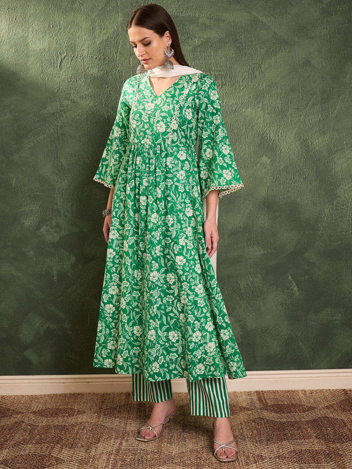 Green & White Floral Gathered Kurta Set with Dupatta-Shae by SASSAFRAS