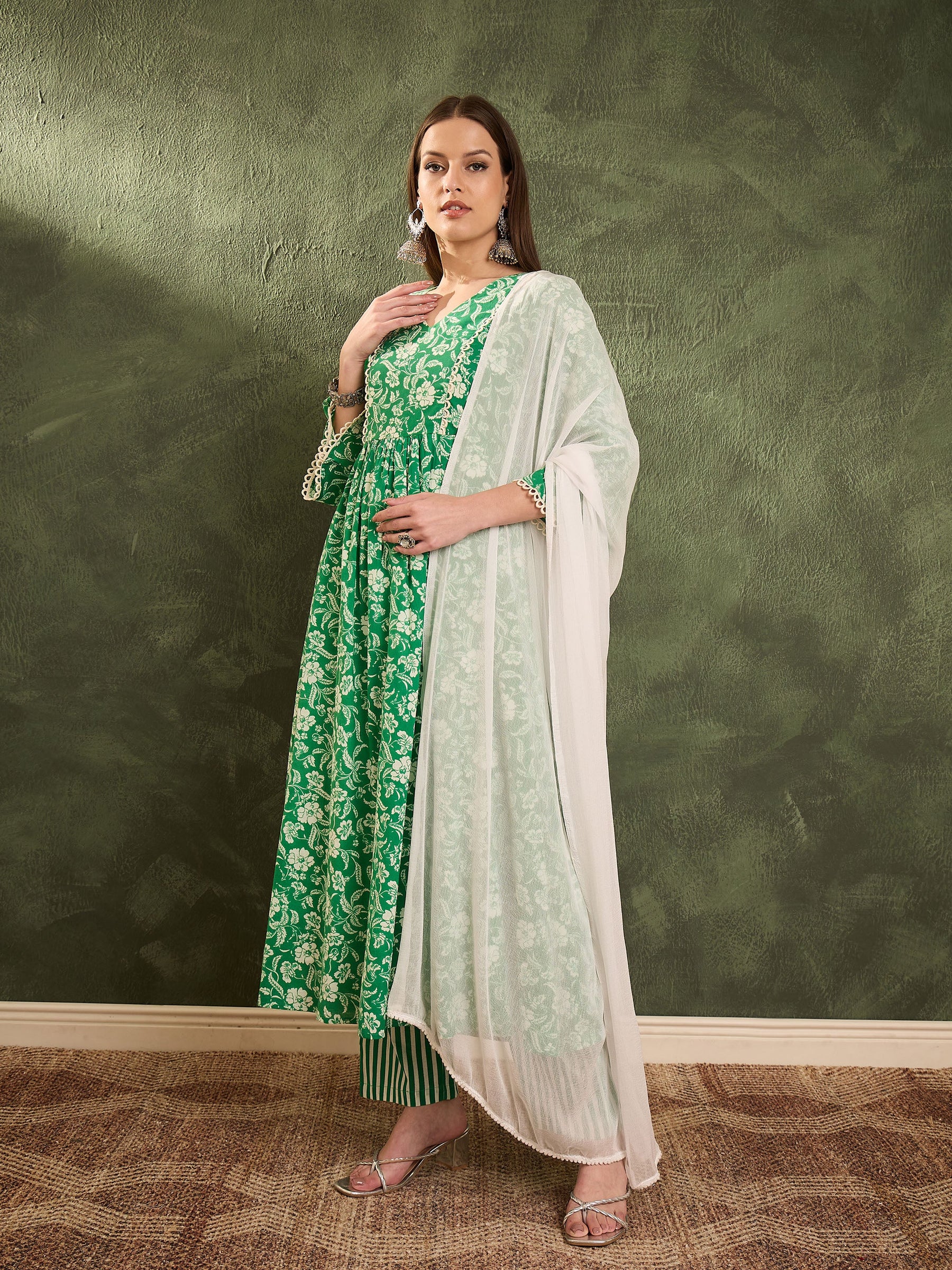 Green & White Floral Gathered Kurta Set with Dupatta-Shae by SASSAFRAS