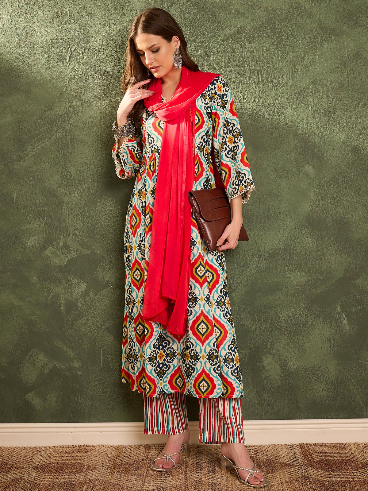 Blue & Red Ikat Print Gathered Kurta Set with Dupatta-Shae by SASSAFRAS