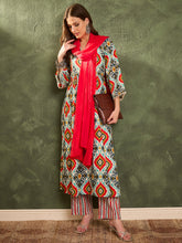 Blue & Red Ikat Print Gathered Kurta Set with Dupatta-Shae by SASSAFRAS