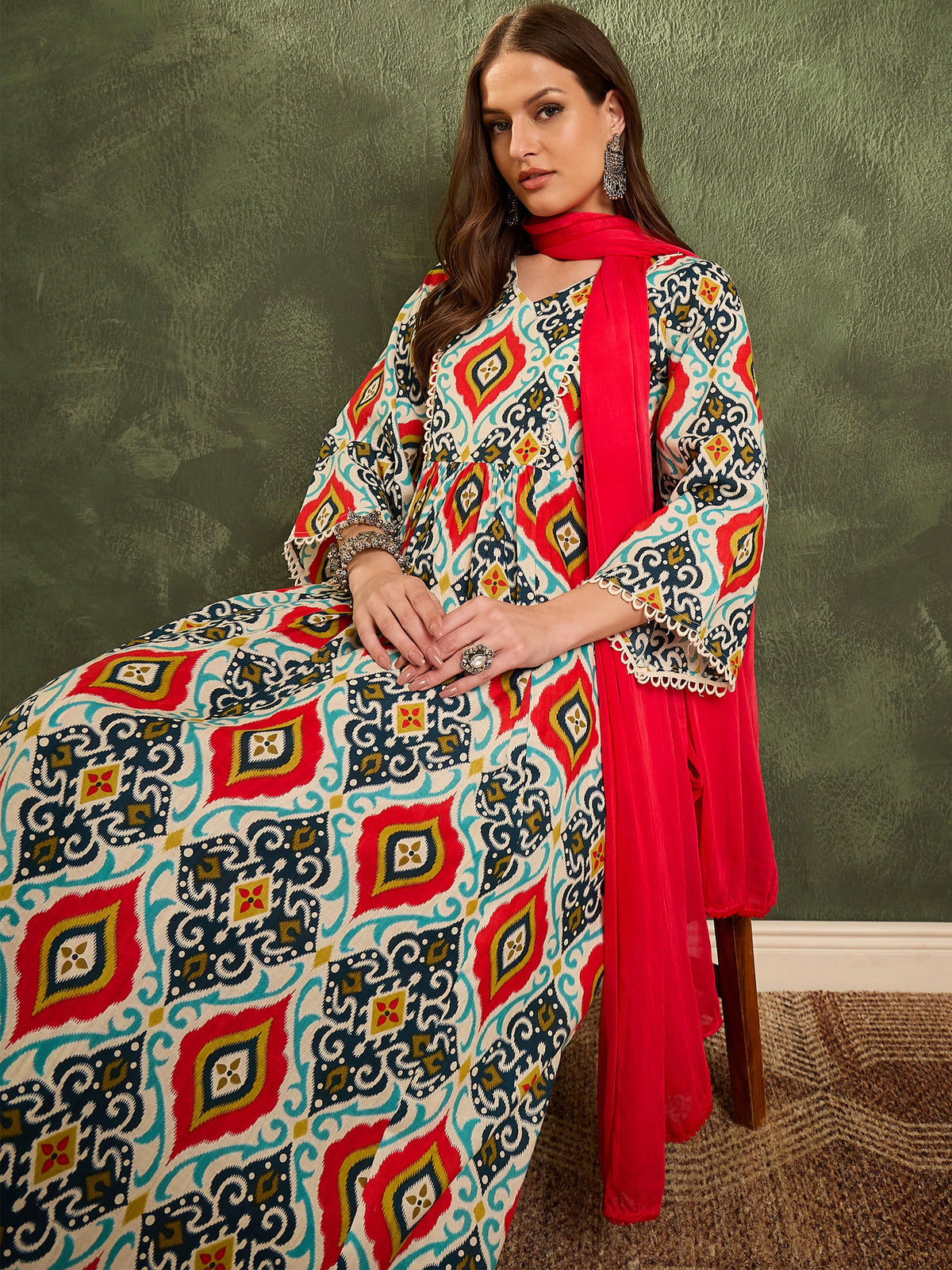 Blue & Red Ikat Print Gathered Kurta Set with Dupatta-Shae by SASSAFRAS