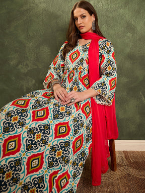 Blue & Red Ikat Print Gathered Kurta Set with Dupatta-Shae by SASSAFRAS
