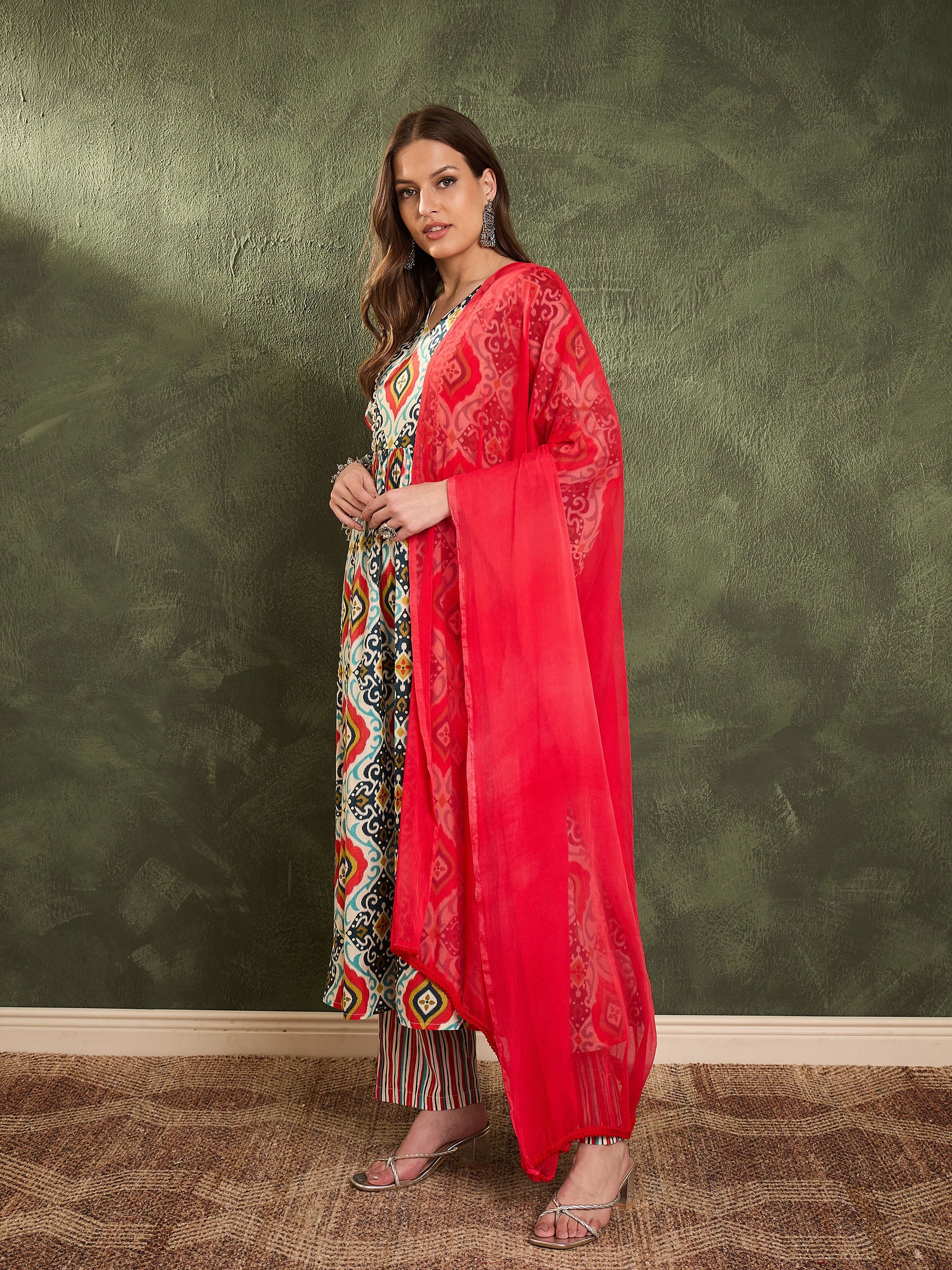 Blue & Red Ikat Print Gathered Kurta Set with Dupatta-Shae by SASSAFRAS