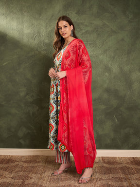 Blue & Red Ikat Print Gathered Kurta Set with Dupatta-Shae by SASSAFRAS