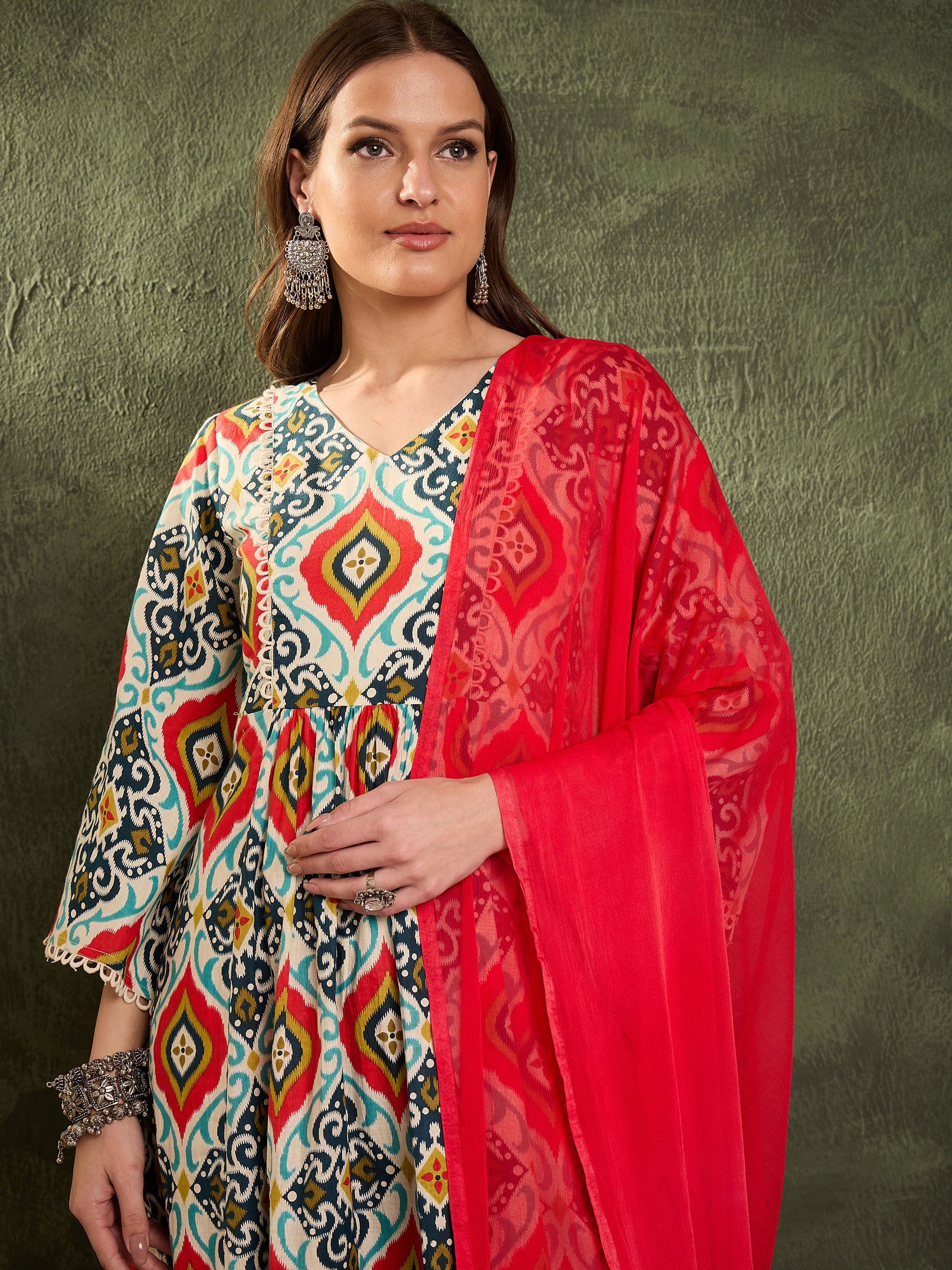 Blue & Red Ikat Print Gathered Kurta Set with Dupatta-Shae by SASSAFRAS