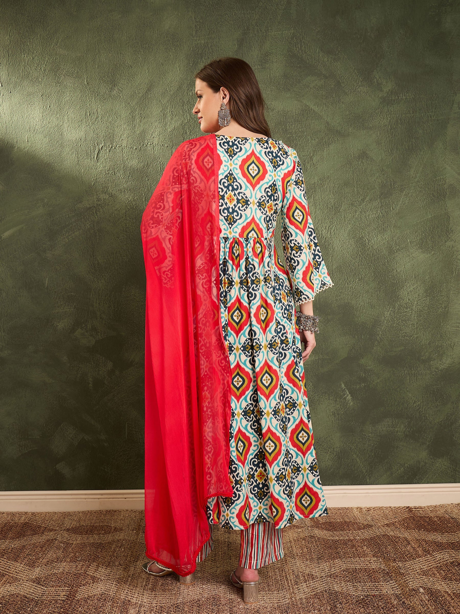 Blue & Red Ikat Print Gathered Kurta Set with Dupatta-Shae by SASSAFRAS