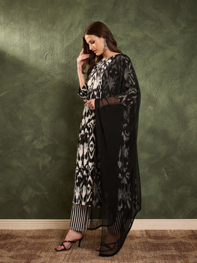 Black Ikat Dori Gathered Kurta Set with Dupatta-Shae by SASSAFRAS