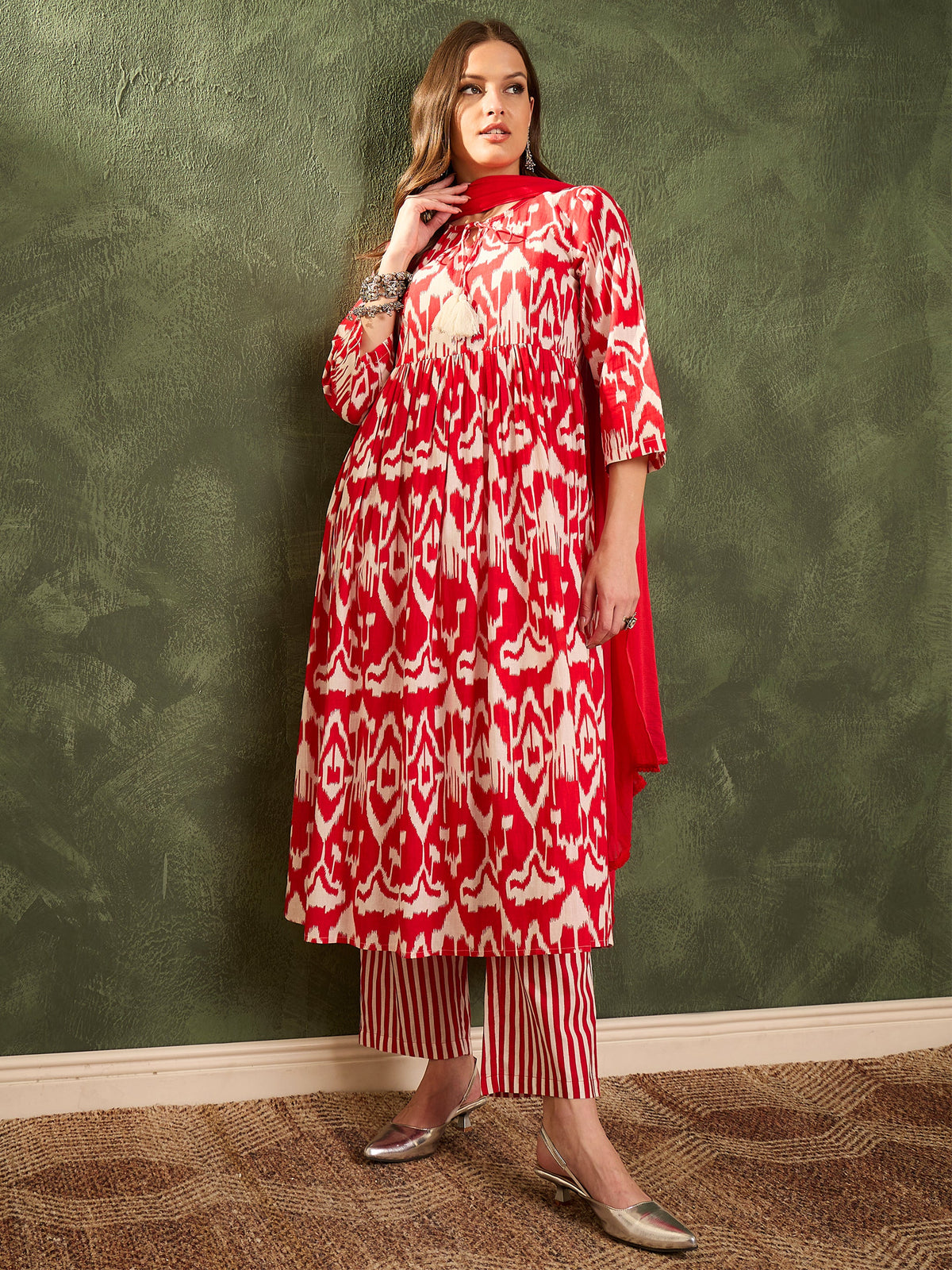 Red Ikat Dori Gathered Kurta Set with Dupatta-Shae by SASSAFRAS