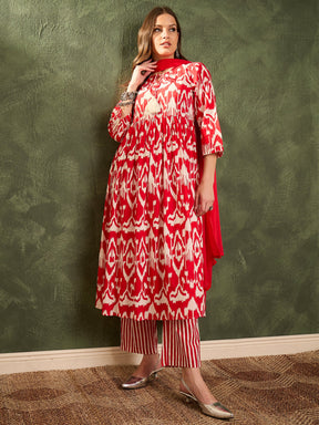 Red Ikat Dori Gathered Kurta Set with Dupatta-Shae by SASSAFRAS