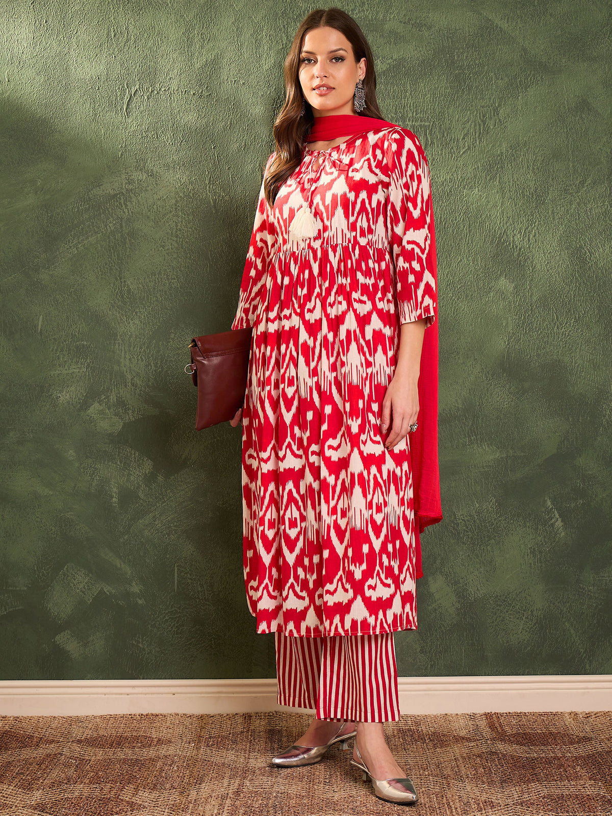 Red Ikat Dori Gathered Kurta Set with Dupatta-Shae by SASSAFRAS