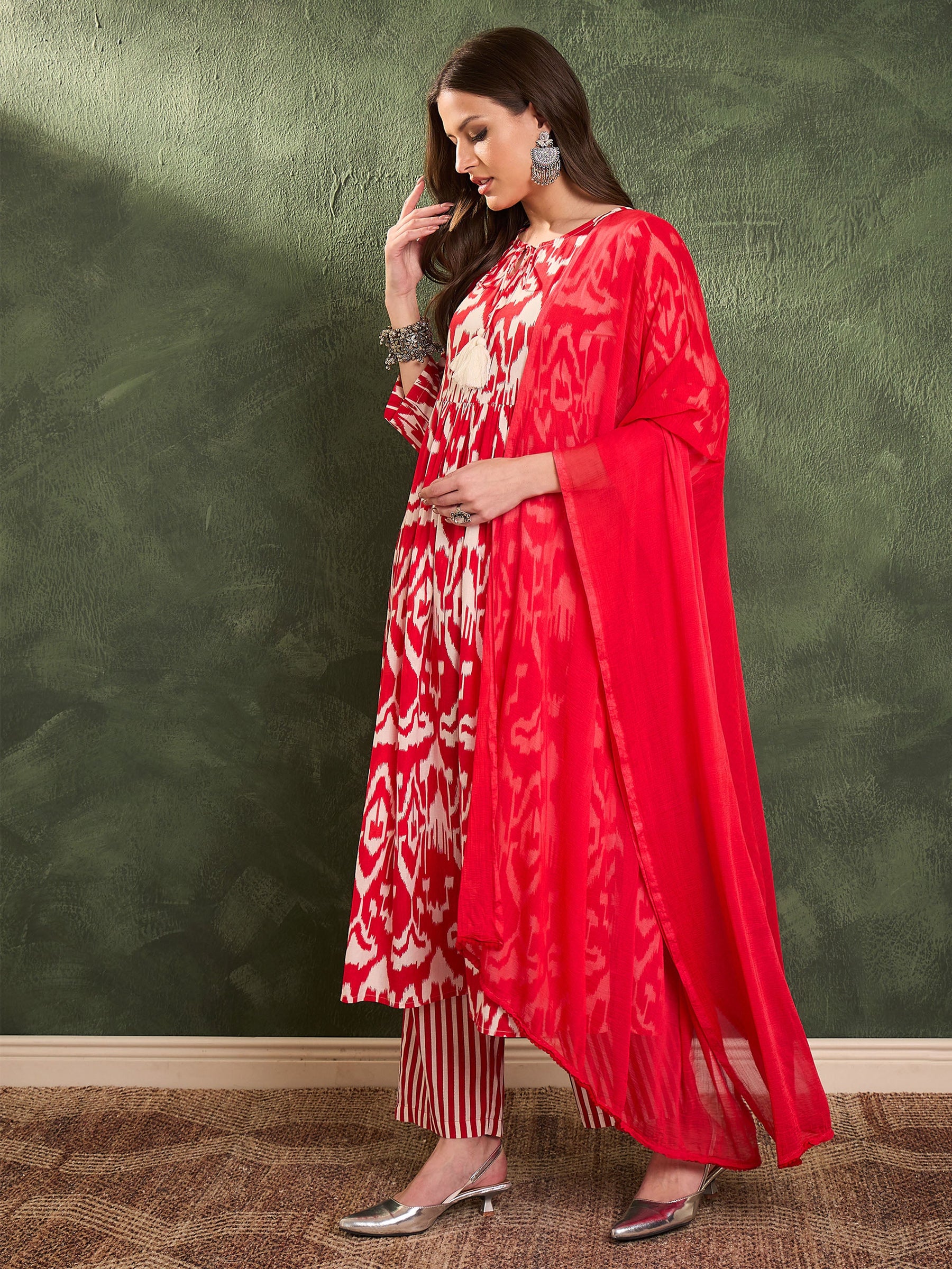 Red Ikat Dori Gathered Kurta Set with Dupatta-Shae by SASSAFRAS